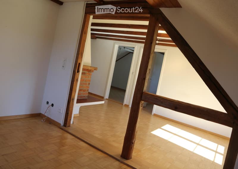 Empty attic space with wooden floors, exposed wooden beams, and white walls. Natural light streams in from a skylight, and there are visible electrical outlets and a small brick fireplace structure.