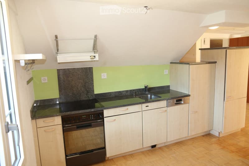 Modern kitchen with white cabinets, dark countertops, and stainless steel appliances including an oven and dishwasher. Features a green backsplash and wooden flooring.
