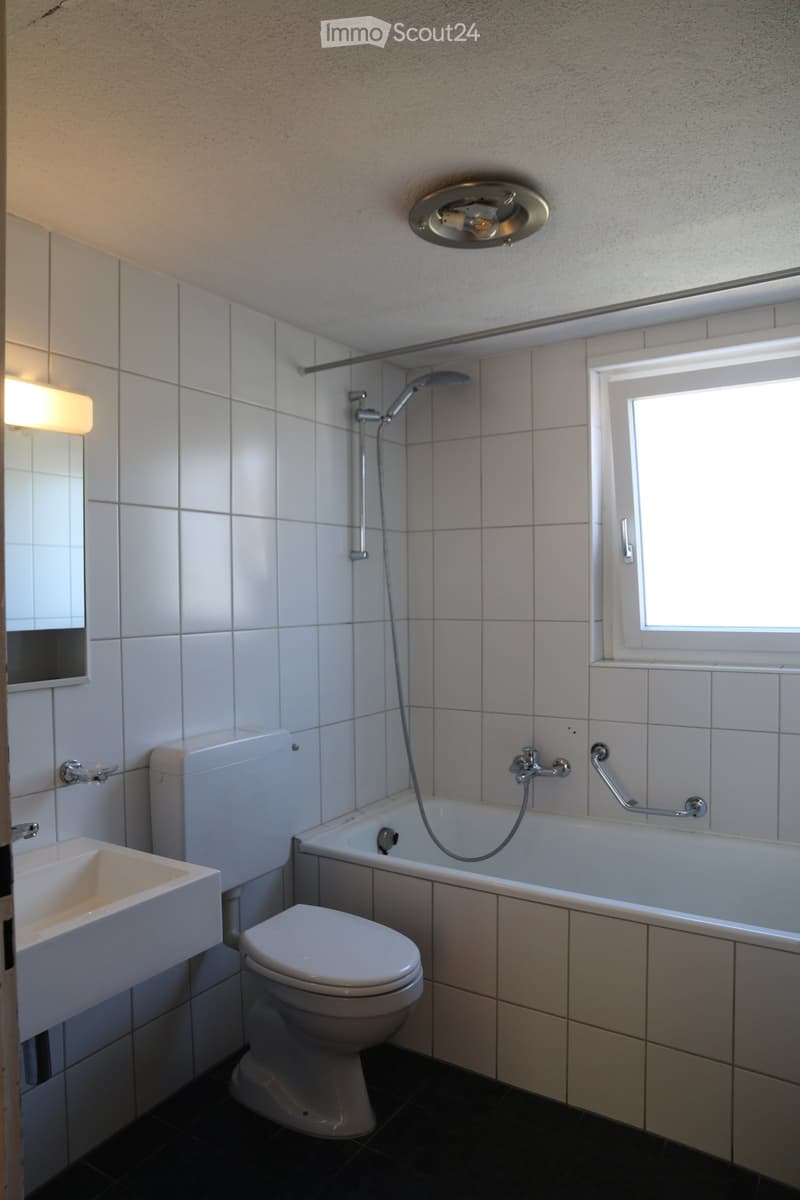 Modern bathroom with white tiles, a bathtub with a handheld shower, a toilet, a sink, and a mirror. The room features a window and a ceiling light fixture.