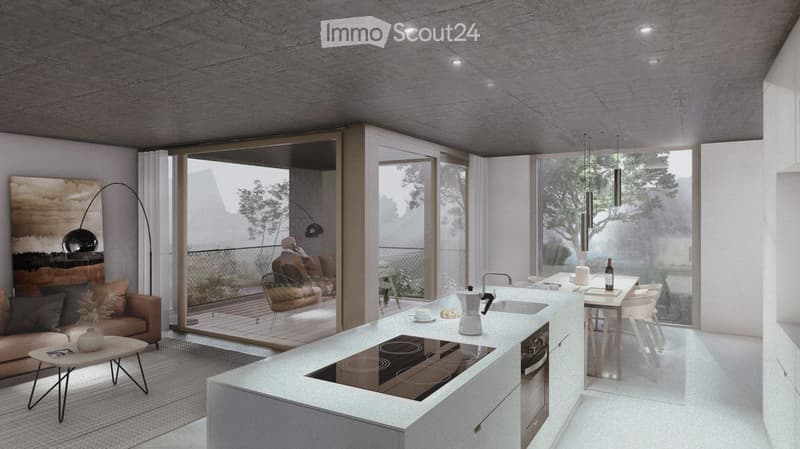 Open-concept living room and kitchen with large windows overlooking a balcony or terrace. The kitchen features a modern island with a cooktop, and the living room has a cozy seating area. The space has a minimalist, contemporary design with neutral colors