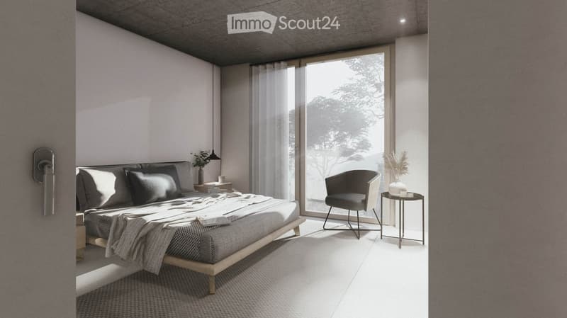 Spacious bedroom with large windows providing a view of the outdoors, a king-size bed with grey bedding, a comfortable armchair, and a side table with a plant and decor items.