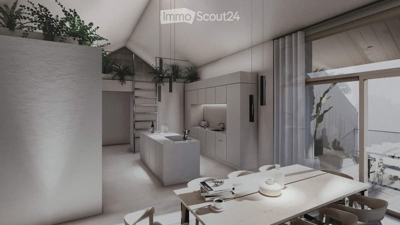 The image shows an open concept living space with a kitchen, dining area, and living room. The space features high ceilings, large windows, and a balcony or terrace visible through the windows. The kitchen has modern, minimalist cabinetry and appliances.