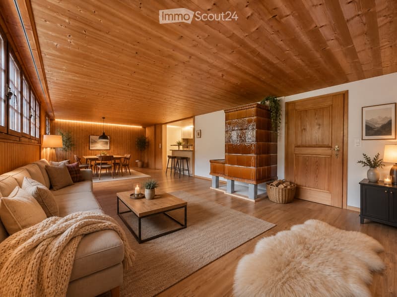 Cozy living room with wooden beams, a fireplace, a sofa, coffee table, side table, and a dining area visible in the background.