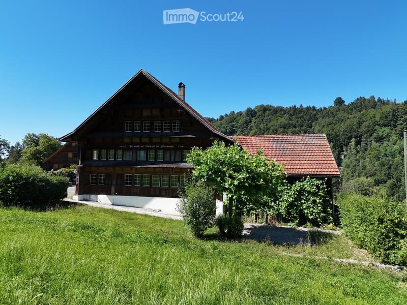 Traditional wooden house with a steeply pitched roof, surrounded by greenery and a small garden area.
