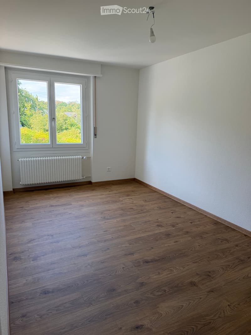 Empty room with wooden flooring, white walls, large window with view, radiator, and a single light fixture on the ceiling.