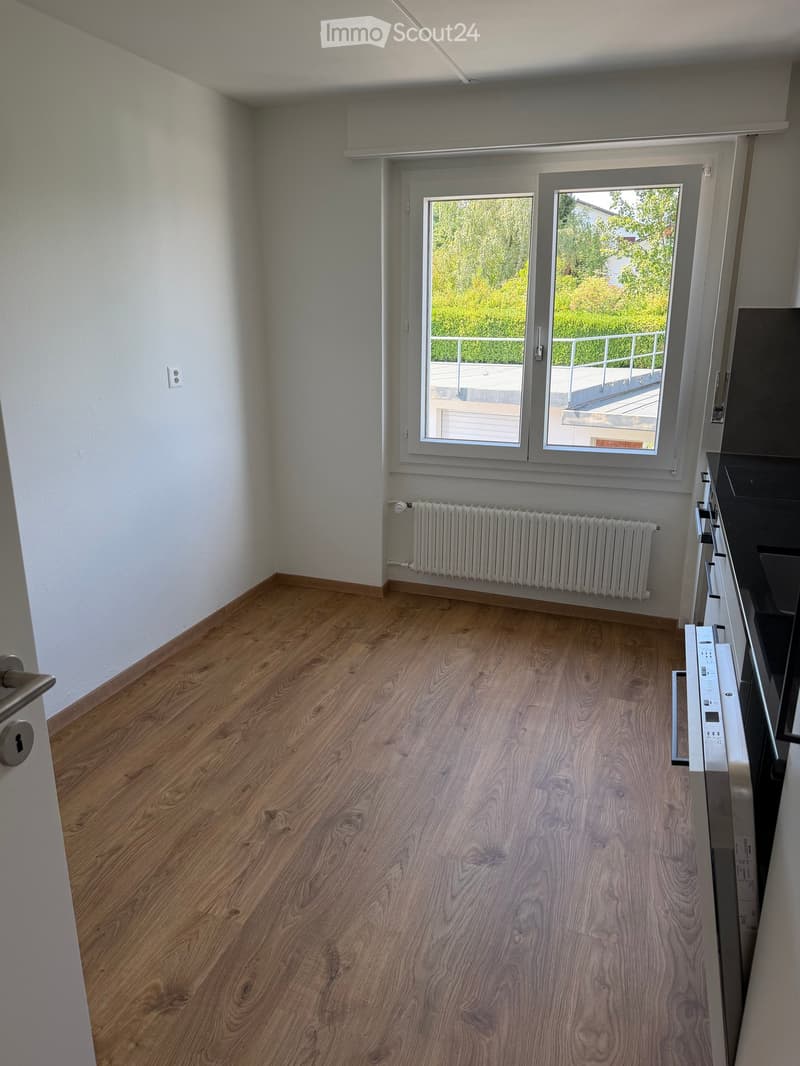 Empty room with wooden flooring, white walls, a radiator, and a large window with a view of greenery outside.