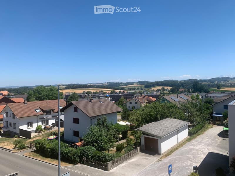 Aerial view of a residential area with multiple houses, surrounded by greenery and open fields.