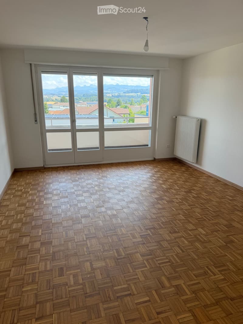 Empty room with wooden parquet flooring, large windows with a scenic mountain view, and a radiator on the wall.
