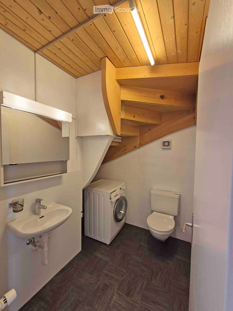 Compact bathroom with a sink, toilet, washing machine, and built-in storage cabinet. The room features wooden slanted ceilings and a small staircase leading to an upper level.