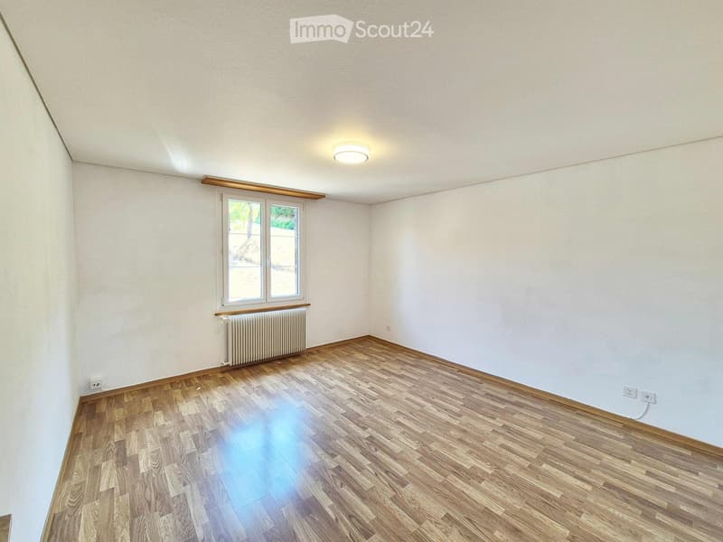 Empty room with wooden flooring, white walls, a window with a radiator below, and a ceiling light fixture.