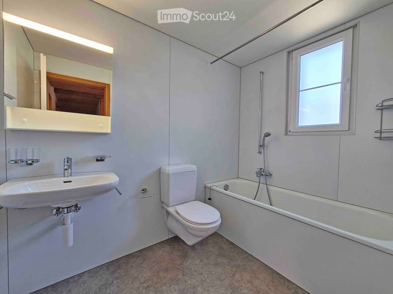 Modern bathroom with white walls, a sink, toilet, bathtub, and a mirror with built-in storage. Features a window for natural light and a sleek, contemporary design.