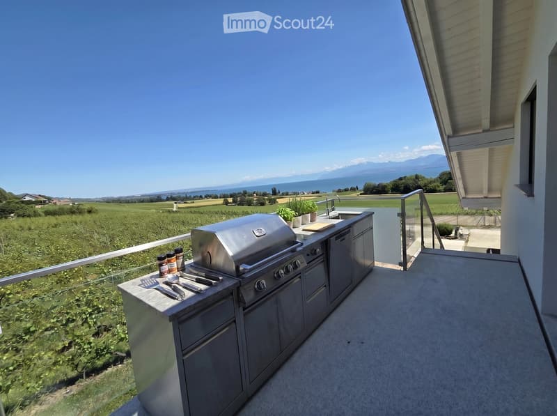 Balcony with a modern stainless steel grill, sink, and cutting board, overlooking a scenic countryside with mountains and a lake in the background.