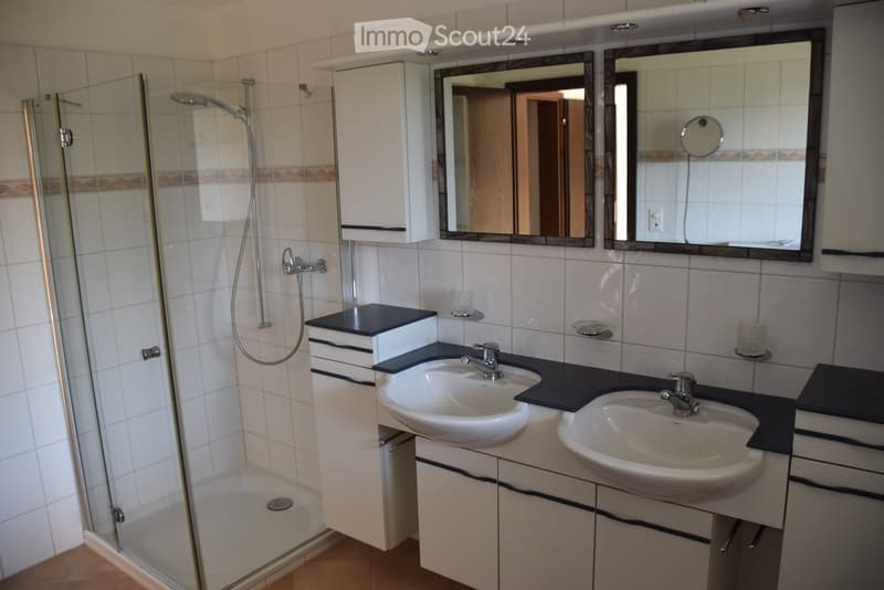 Modern bathroom with two sinks, mirrored cabinets, a glass-enclosed shower, and tiled walls.