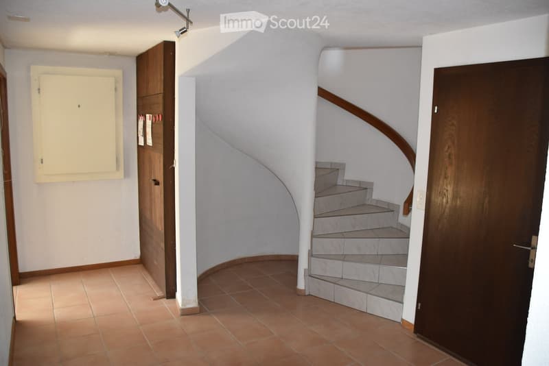 A narrow hallway with tiled flooring, a wooden door on the left, and a curved staircase leading upwards on the right.