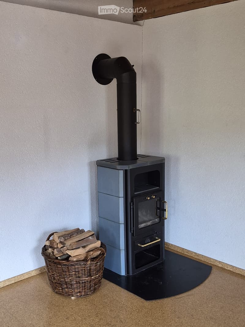 A modern wood-burning stove with a chimney, placed on a black protective mat, accompanied by a woven basket filled with firewood.