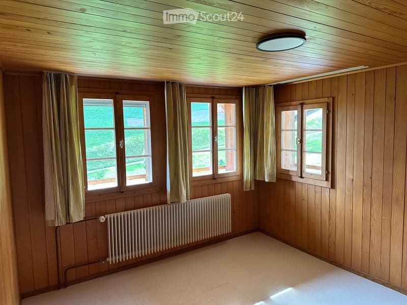 Empty room with wooden walls, wooden ceiling, large windows with curtains, and a radiator. No furniture or equipment present.
