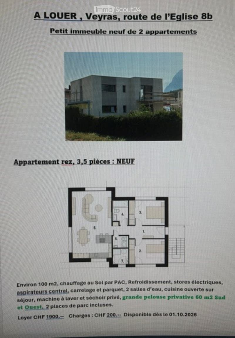 Floor plan of a 3.5-room ground-floor apartment, featuring an open kitchen, two bathrooms, and a private terrace of 60 m2.