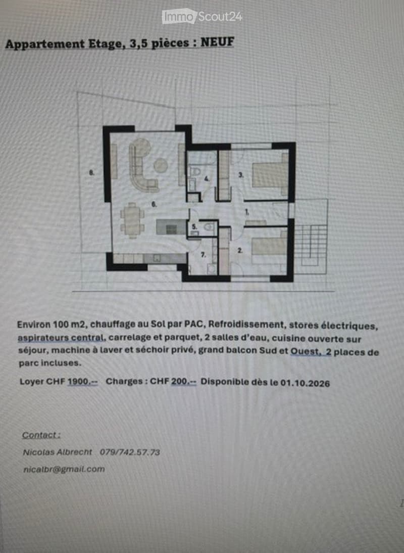 Floor plan of a 3.5-room apartment, including living room, kitchen, 2 bedrooms, 2 bathrooms, and a balcony.