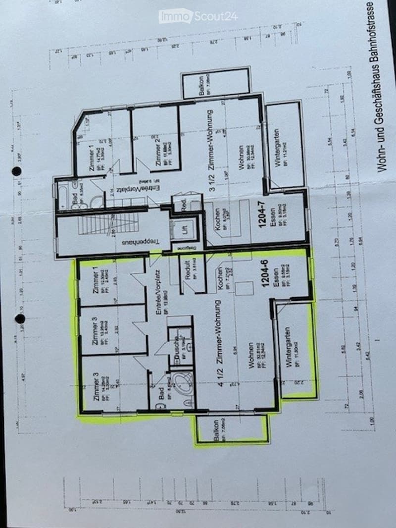 Floor plan of a multi-room residential building, including living room, kitchen, bedrooms, bathrooms, and balcony.