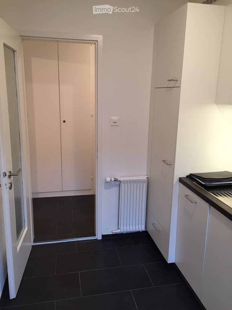 Empty room with white walls, black tiled floor, white cabinets, and a radiator. No furniture or equipment present.