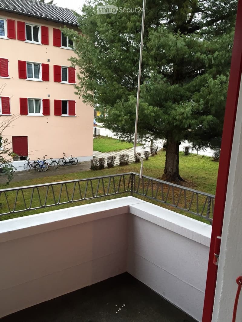 Balcony with white railing and dark flooring, overlooking a grassy area with a tree and a building with red shutters in the background.
