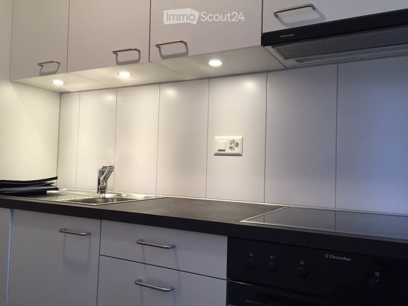Modern kitchen with white cabinets, stainless steel sink, faucet, and built-in oven. Features a sleek black countertop and integrated range hood.
