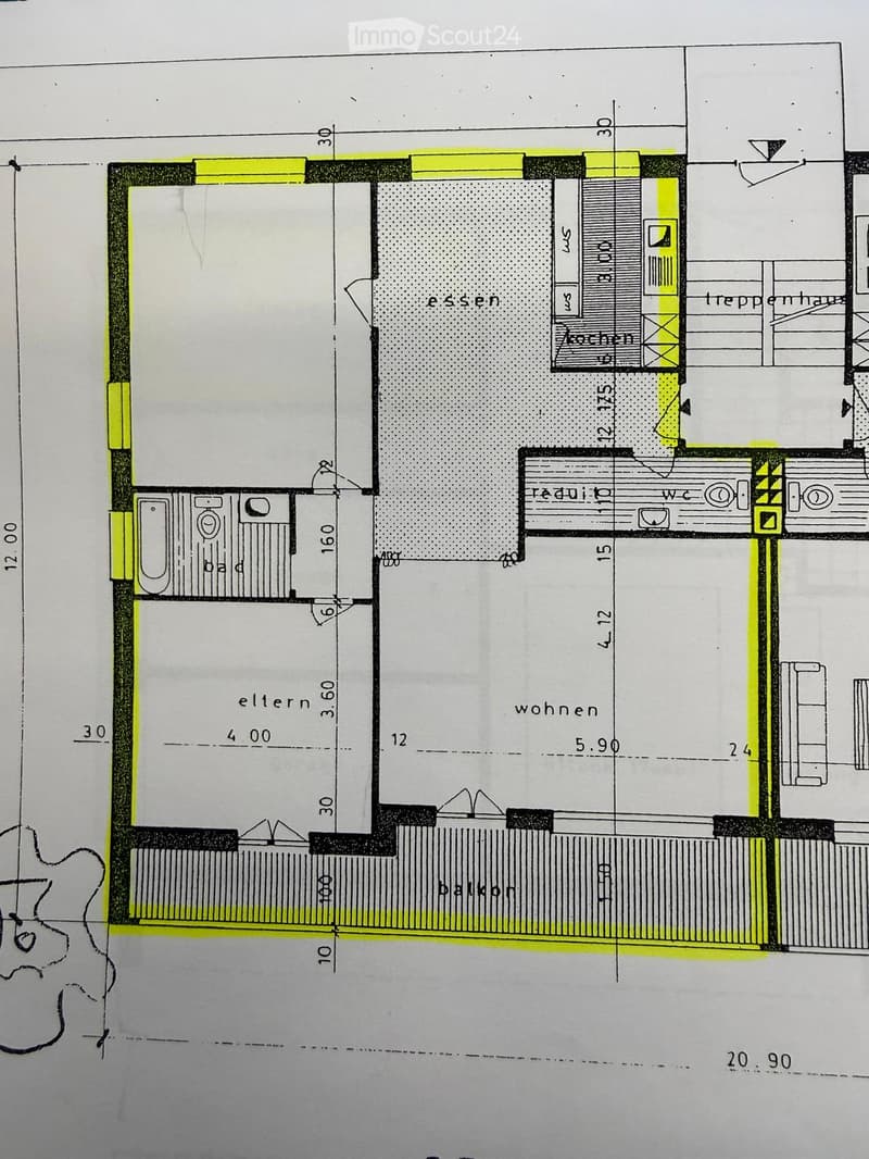 Floor plan showing a living area, dining area, kitchen, bedroom, bathroom, and balcony.