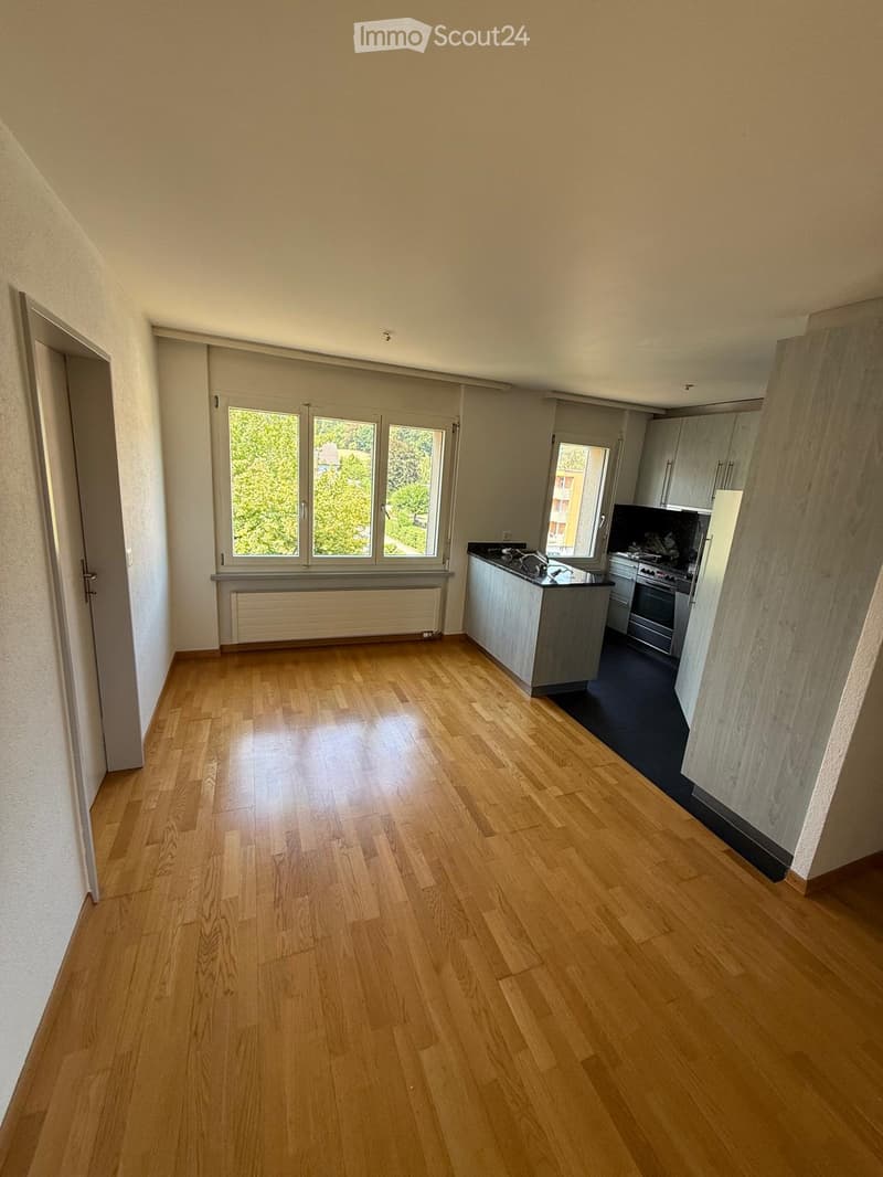 Empty room with wooden flooring, large windows, and a small kitchen area with cabinets and appliances.