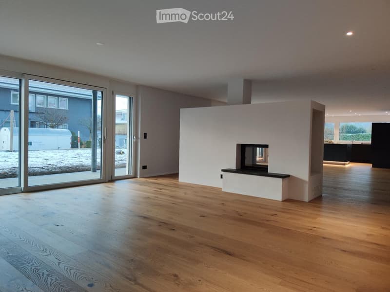 Open-plan unfurnished room with wooden flooring, large sliding glass doors, and a fireplace area.