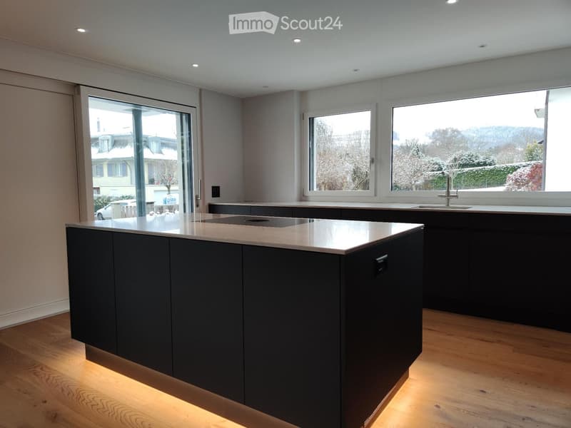 Modern kitchen with dark cabinets, a central island, and large windows offering a view of the snowy landscape.
