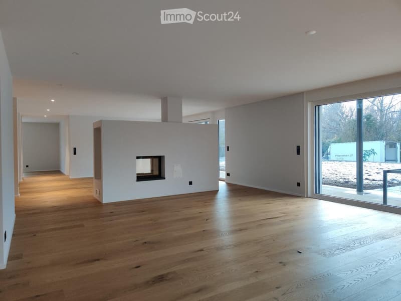Empty room with wooden flooring, white walls, recessed lighting, and a fireplace inset in the wall. Large glass sliding doors lead to an outdoor area.