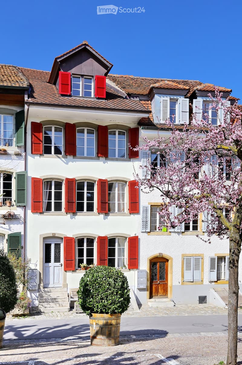 A two-story white house with red shutters, multiple windows, and a small garden area with a tree and a barrel planter.