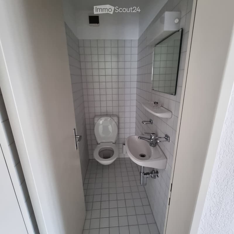 Small bathroom with white tiled walls and floor, featuring a toilet, sink, and mirror.