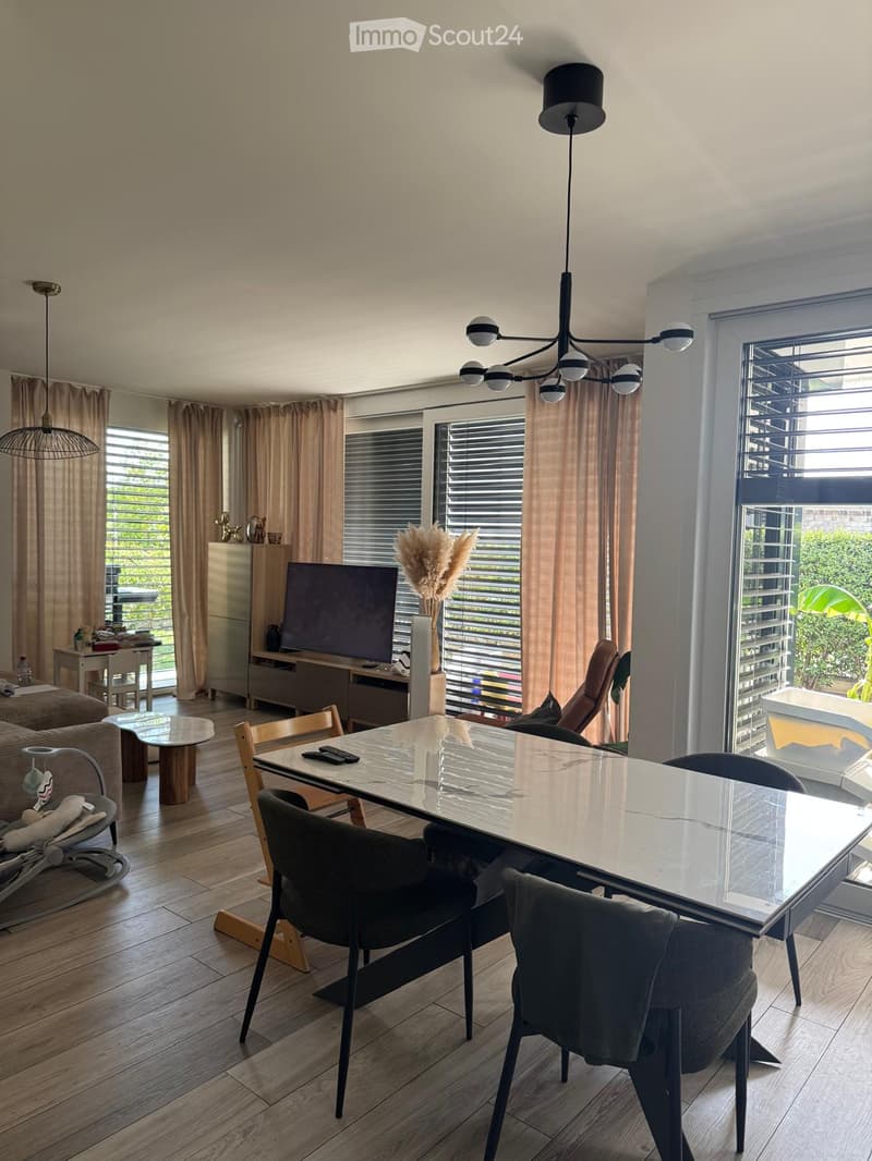 Modern living room with wooden flooring, large windows with blinds, a glass dining table with chairs, a sofa, a TV stand, and decorative items.