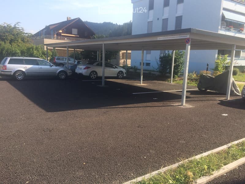 Open parking space with cars parked under a canopy