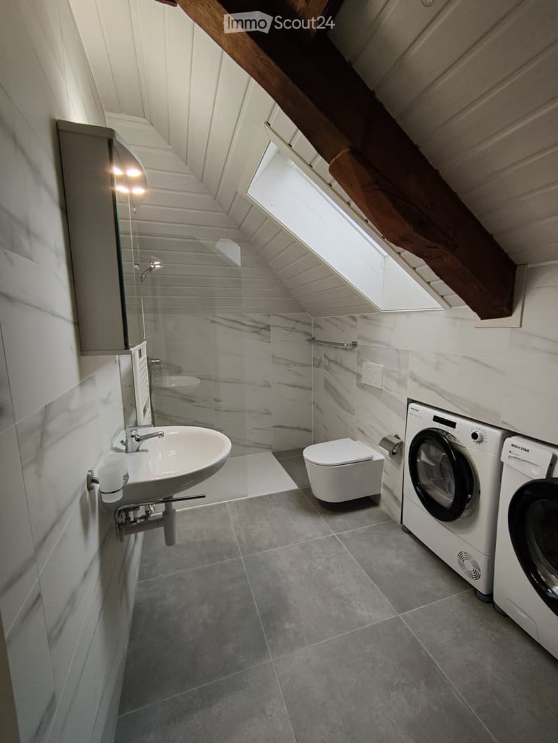 Modern bathroom with a sink, toilet, washing machine, and a glass-enclosed shower area. The room features grey tiled flooring and white walls with wooden beams on the ceiling.
