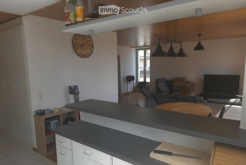 Open-plan living and dining area with a kitchen counter, dining table, chairs, television, and decorative items on shelves.