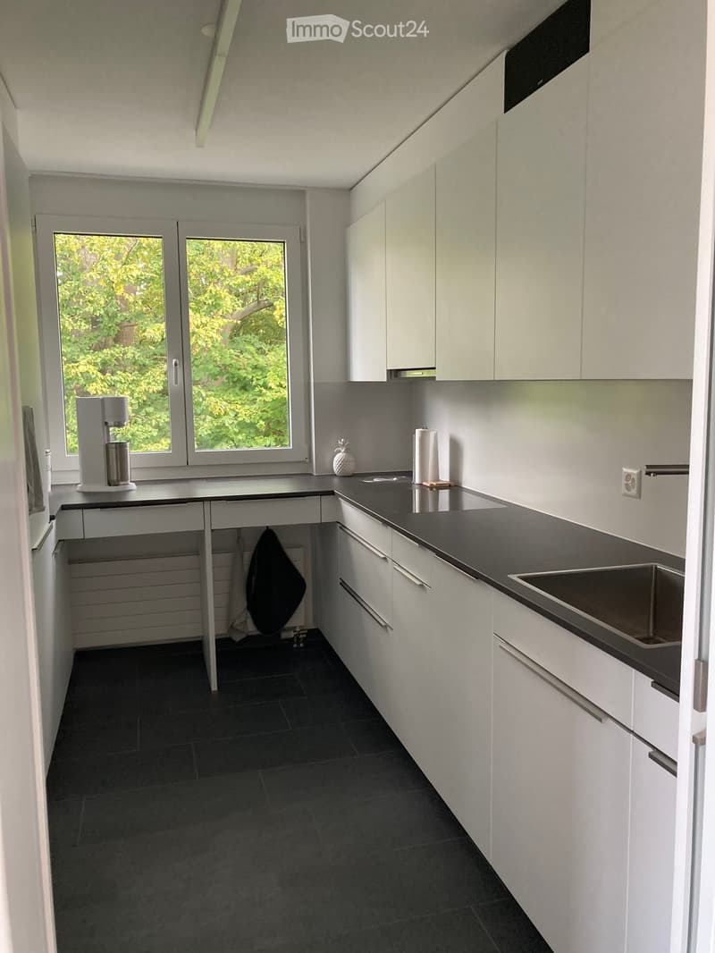 Modern kitchen with white cabinets, black countertops, and dark tiled flooring. Features a coffee maker on the counter, a sink, and a window with a view of greenery.