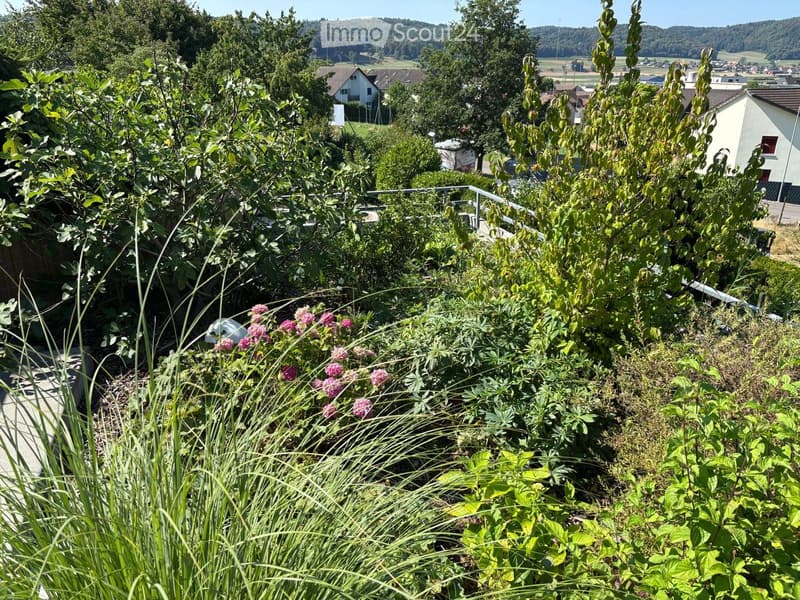 A lush garden area with various plants, flowers, and shrubs, featuring a metal railing and a scenic view of the surrounding landscape and houses.