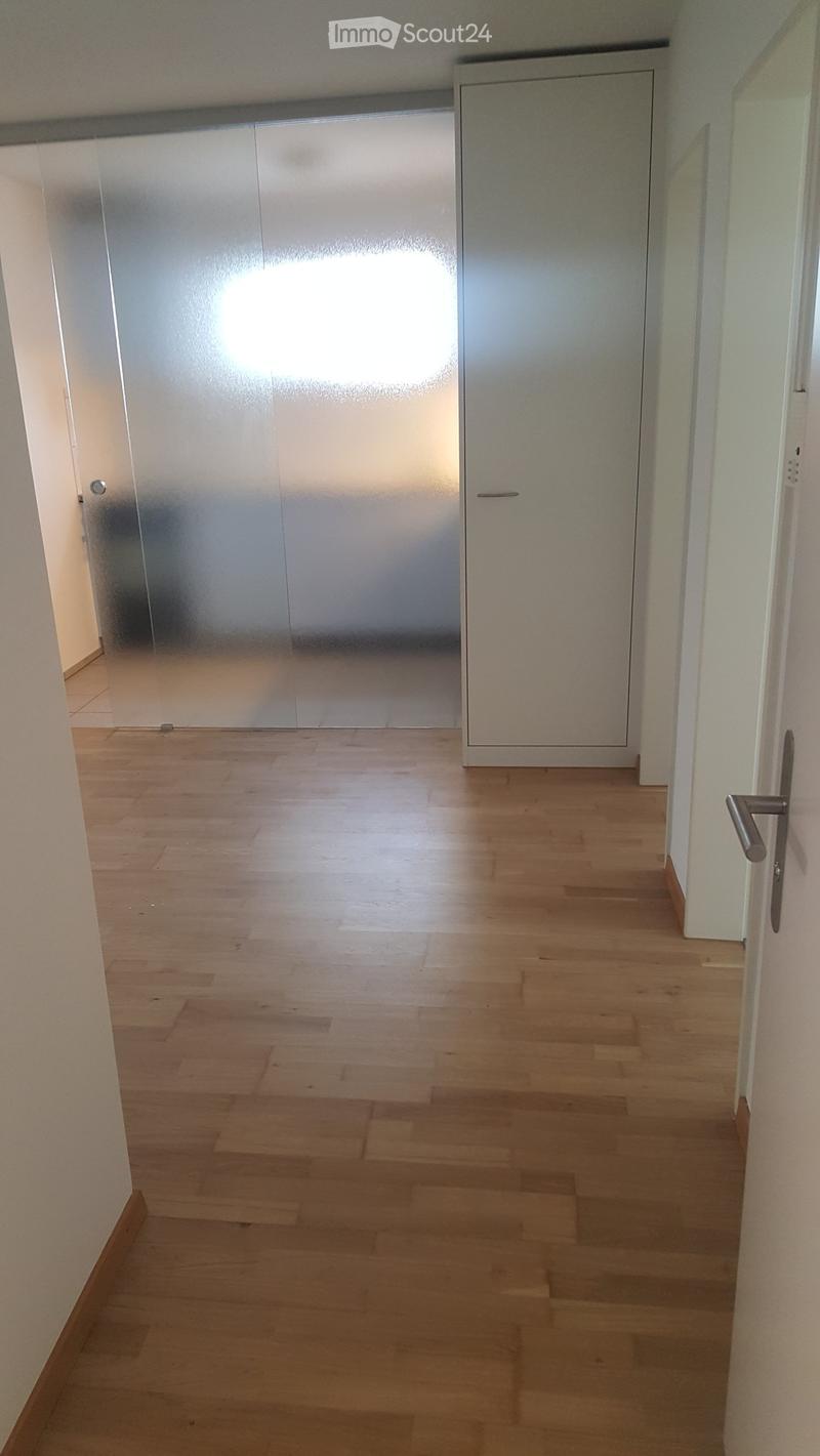 Empty hallway with light wooden flooring, white walls, and a frosted glass door at the end.