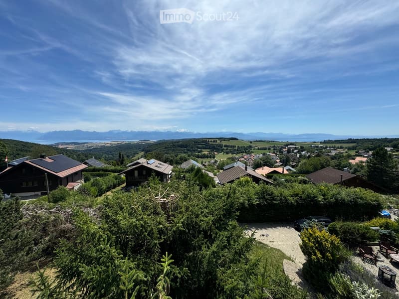 A panoramic view of a residential area with houses, trees, and a scenic landscape featuring mountains and a lake in the background.