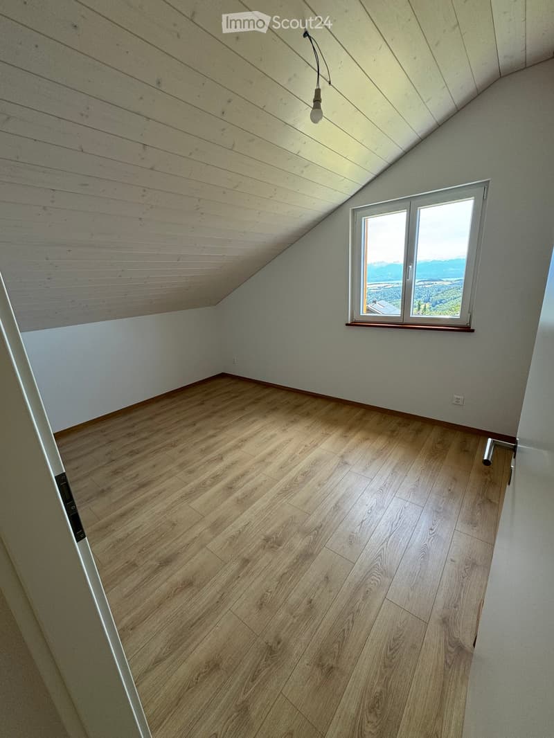 Empty room with wooden flooring, white walls, and a slanted wooden ceiling. A single window offers a scenic view of the landscape.