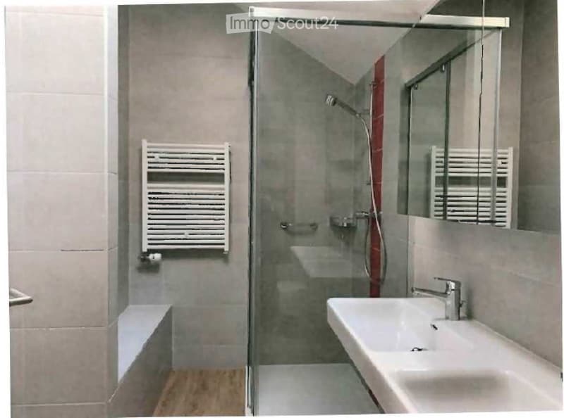 Modern bathroom with a white sink, mirror, radiator, and glass-enclosed shower area.