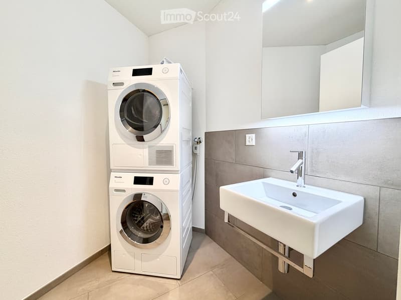 Modern bathroom with a white washing machine, a white sink with a chrome faucet, and a large mirror above the sink.