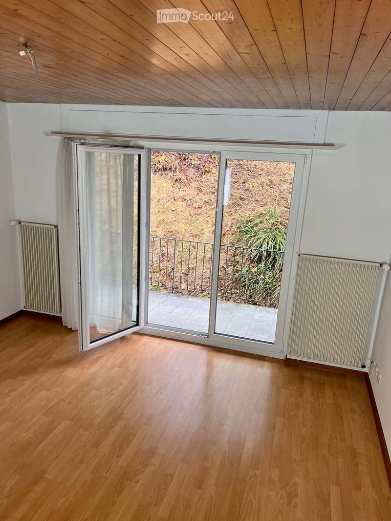 Empty room with wooden flooring, white walls, large sliding glass doors leading to a balcony, and radiators on both sides.