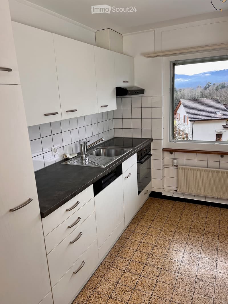 Modern kitchen with white cabinets, black countertop, stainless steel sink, and a view of the mountains through a large window.