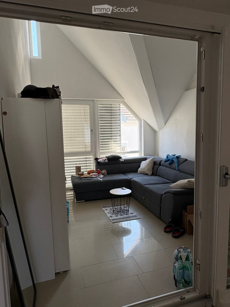 A modern living room with a grey sectional sofa, small round table, decorative rug, and various items including pillows, a handbag, and shoes.