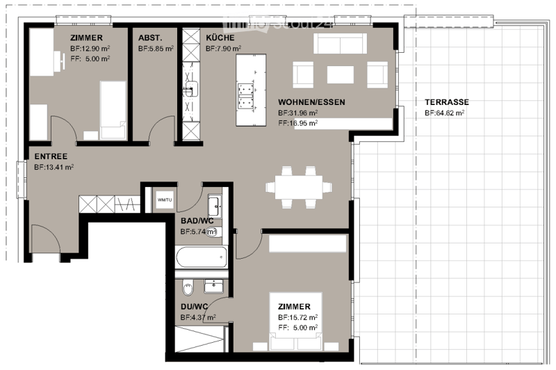 Floor plan of a 2-room apartment with a kitchen, living/dining area, bathroom, and terrace.