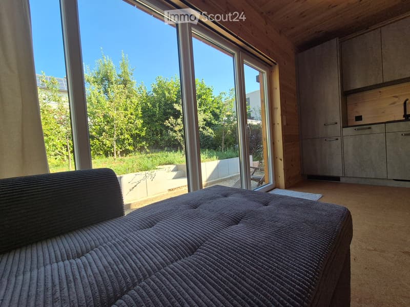 Modern living room with a grey sofa, large windows, and a small kitchen area with cabinets.