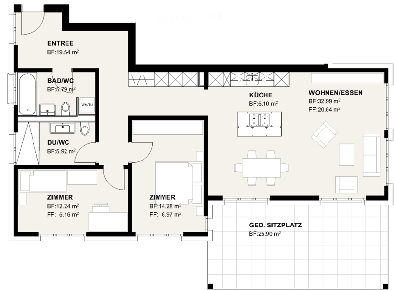 Floor plan of a residential unit featuring an entrance, two bedrooms, two bathrooms (one with a shower and one with a bath), a kitchen, a living/dining area, and a seating area.